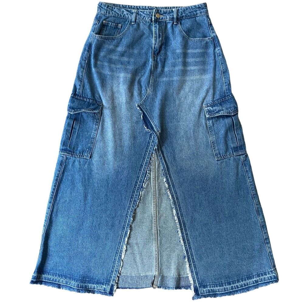 Daze A-Line Maxi Denim Skirt L Blue Raw Hem Seam Slit Distressed